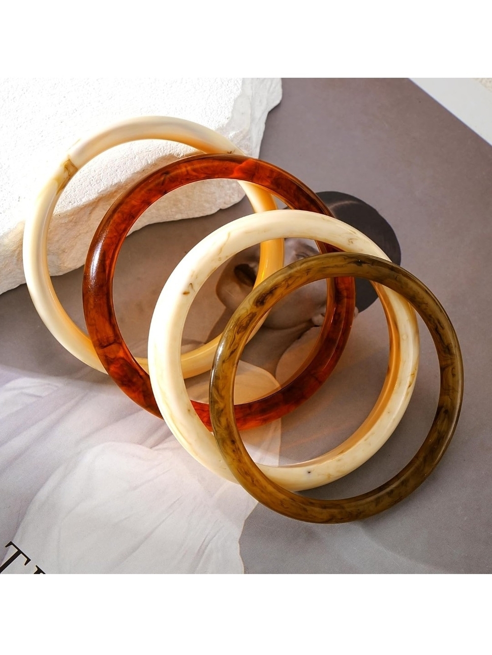 Set of 4 Resin Bangle Bracelets - Ivory, Amber, Honey, Tortoiseshell